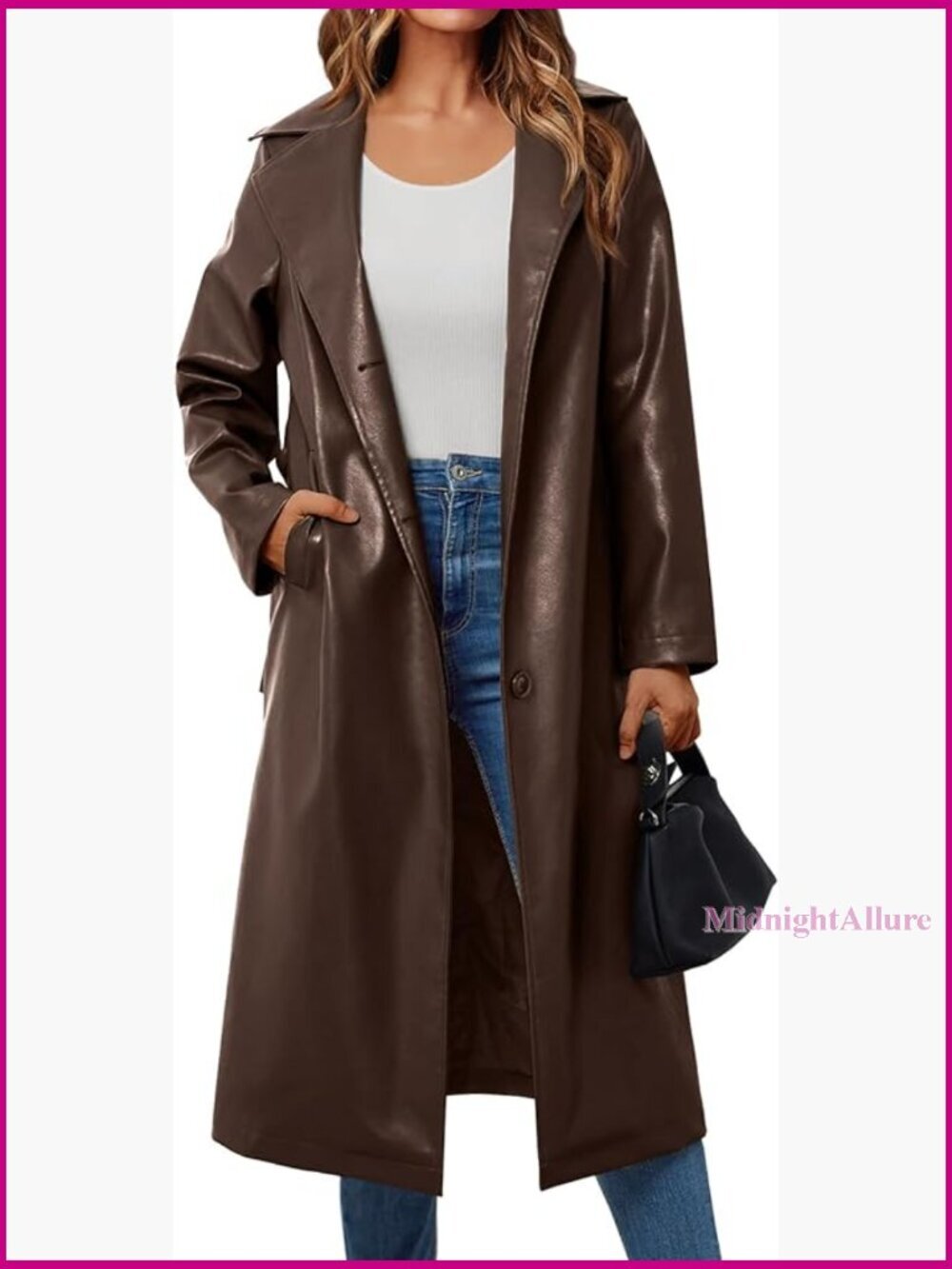 Faux Leather Trench Coat with Belt, Long Sleeve, Knee Length
